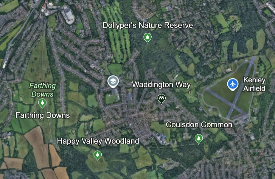 Aerial view of the green spaces surrounding Old Coulsdon