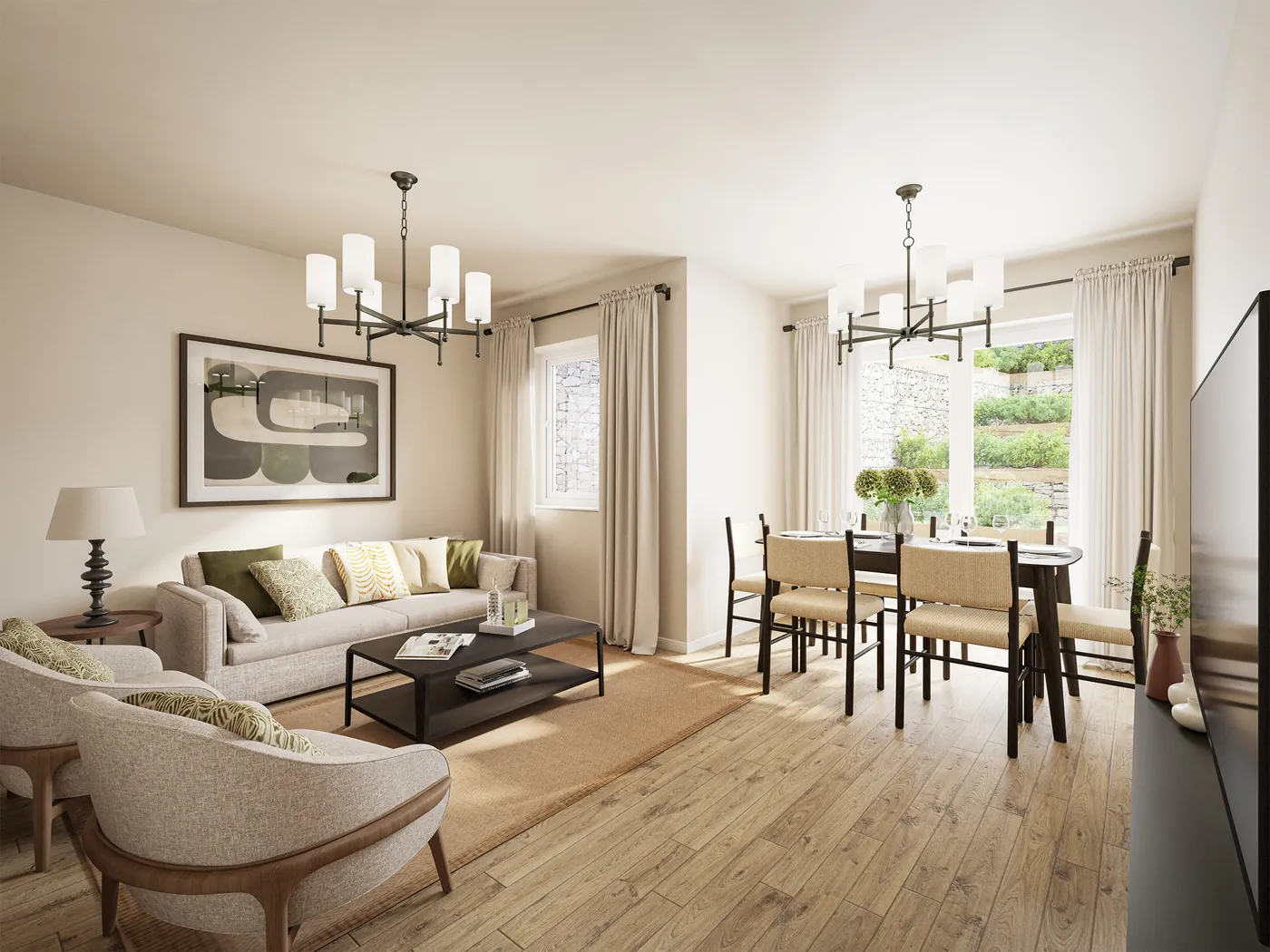 Open-plan living and dining area with bi-fold doors, Unit A