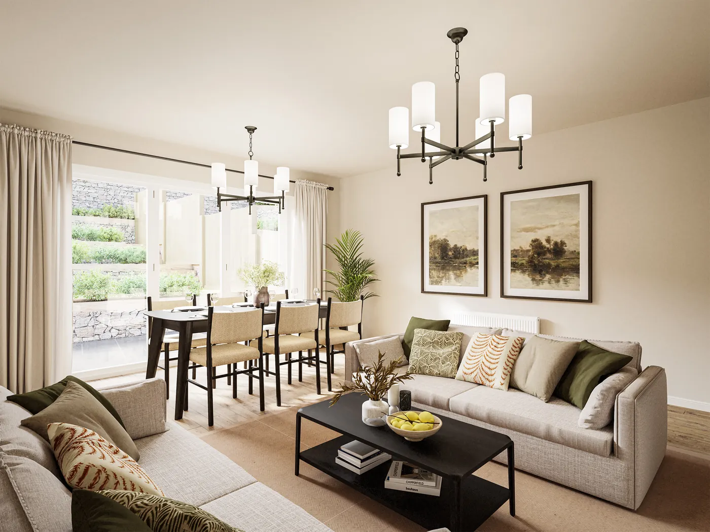 Open-plan living and dining area with bi-fold doors, Unit B