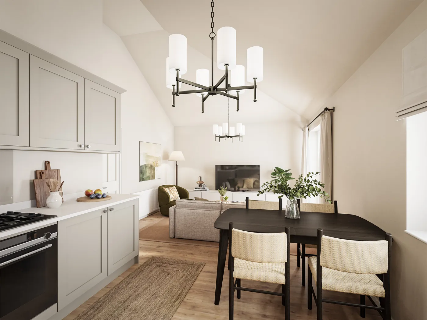 Open-plan kitchen, dining and lounge with vaulted ceilings